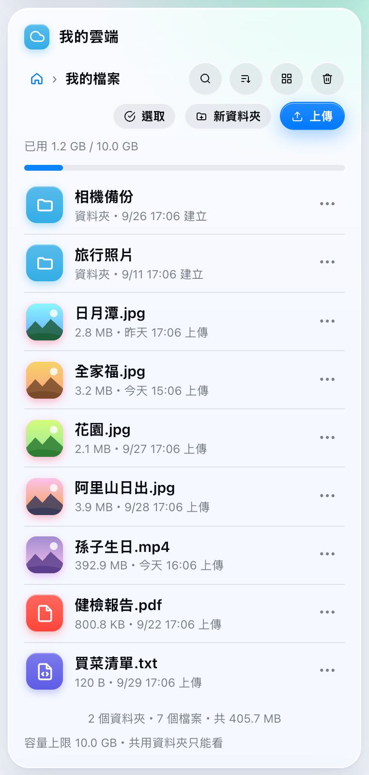 我的檔案清單，每個檔案下面寫著大小和上傳時間