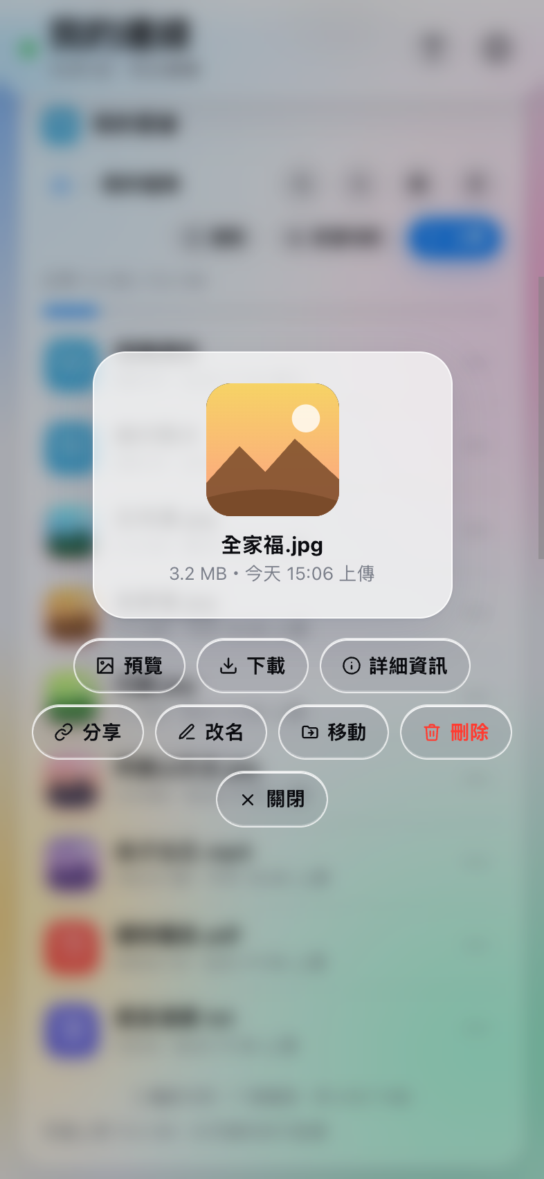 檔案選單：預覽、下載、詳細資訊、分享、改名、移動、刪除、關閉
