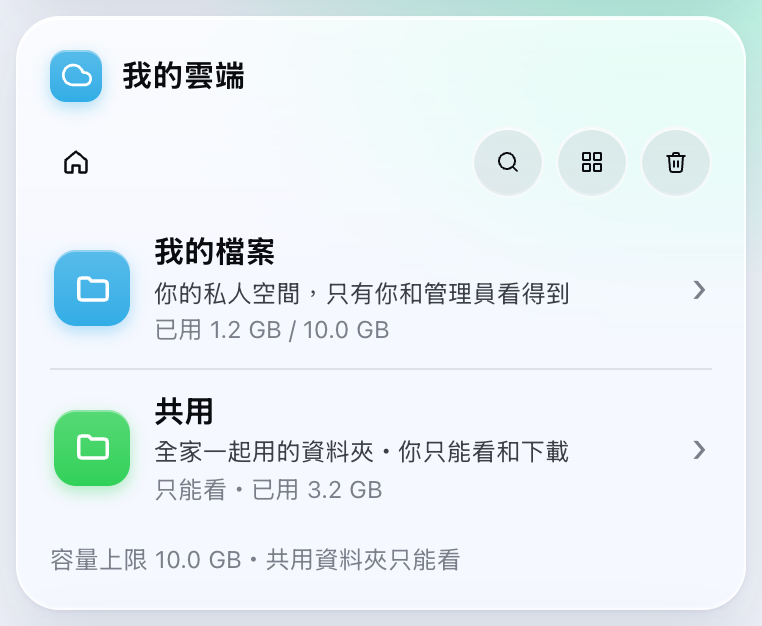 我的雲端有兩個資料夾：我的檔案、共用