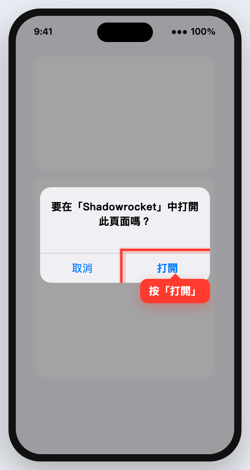 Safari 詢問是否在 Shadowrocket 中打開，打開按鈕被紅框標出