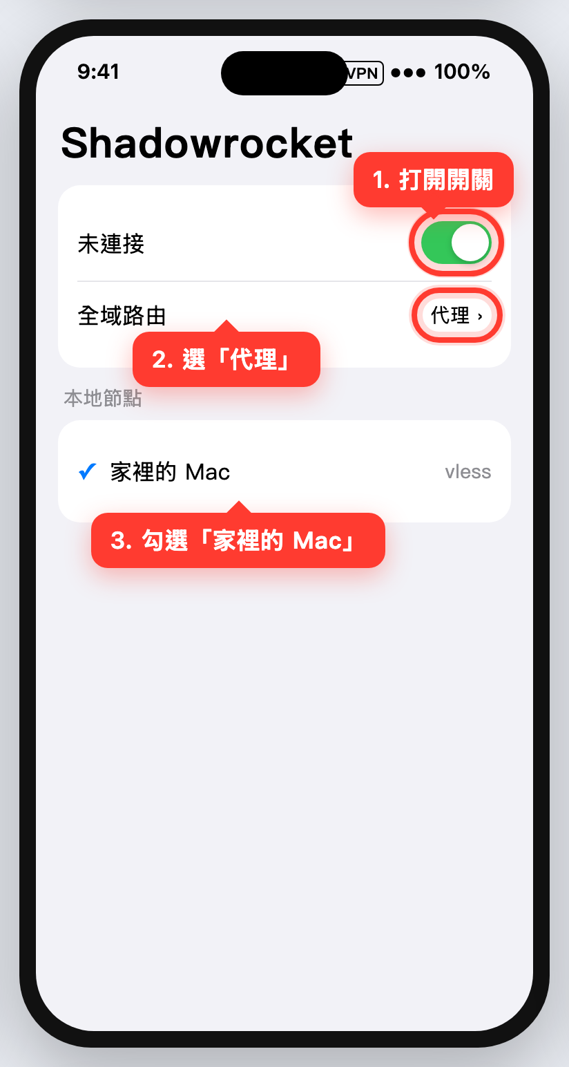 Shadowrocket 首頁，開關、全域路由、家裡的 Mac 分別被標出